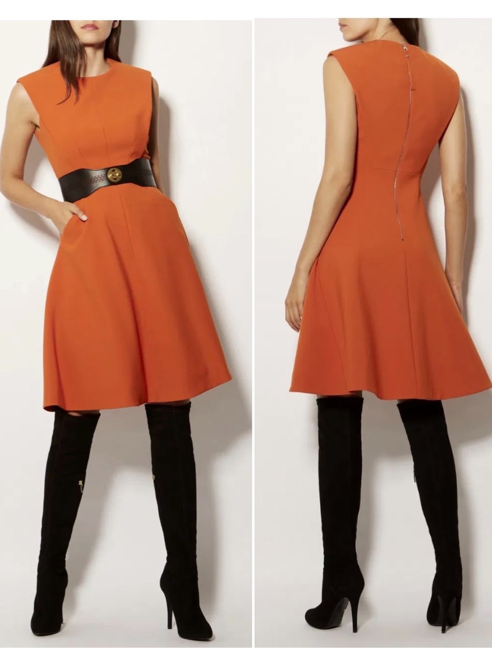 Karen Millen Orange Sleeveless Fit-and-Flare Midi Dress